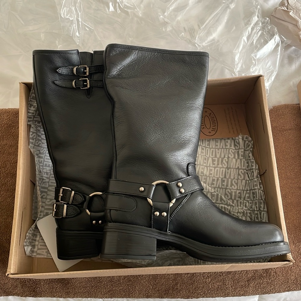 New! Women’s Steve Madden motorcycle boots calf length sz 9.5, black leather!